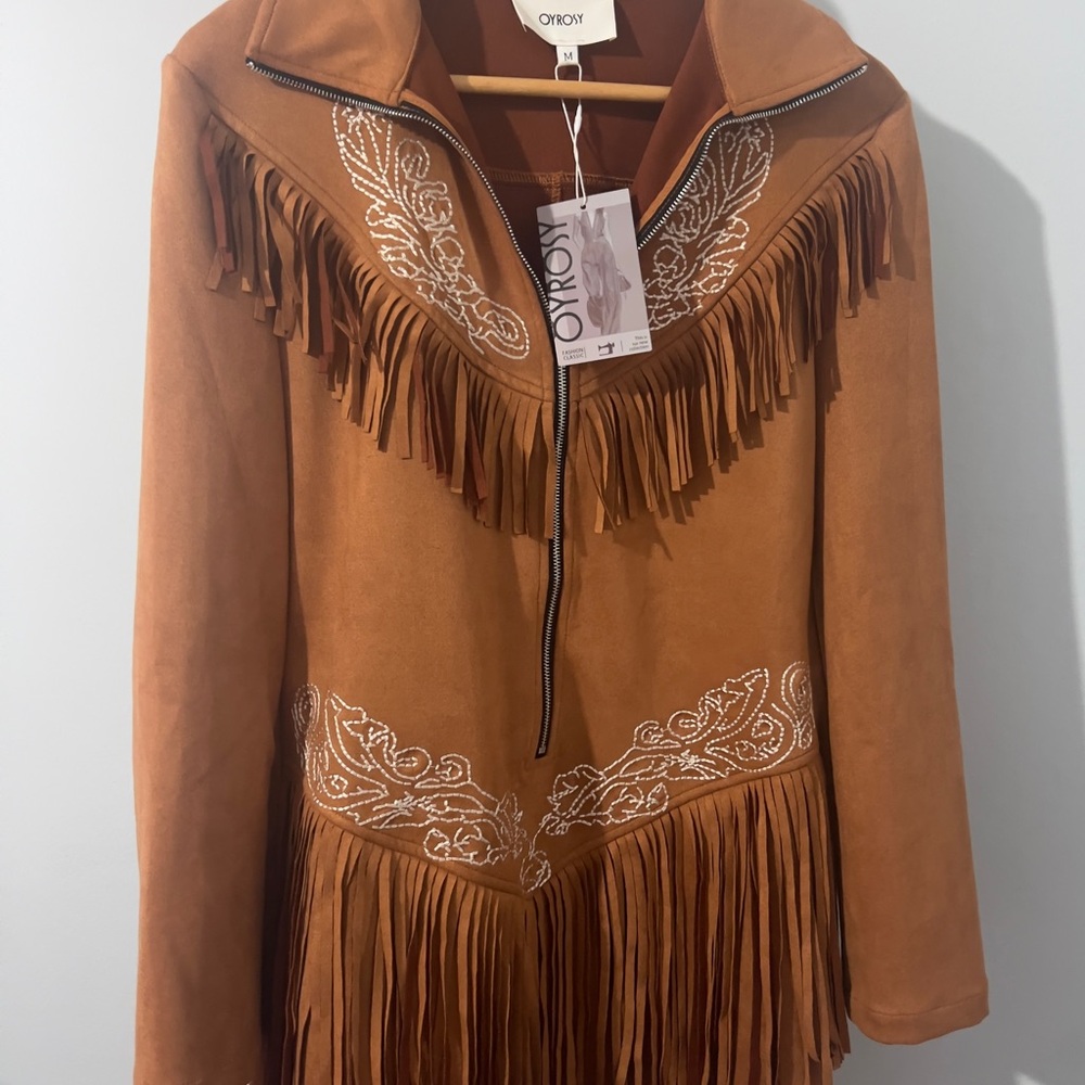Western Style Embroidered Tassel Long Sleeve Brown Mini Dress - Medium NWT - Picture 5 of 6